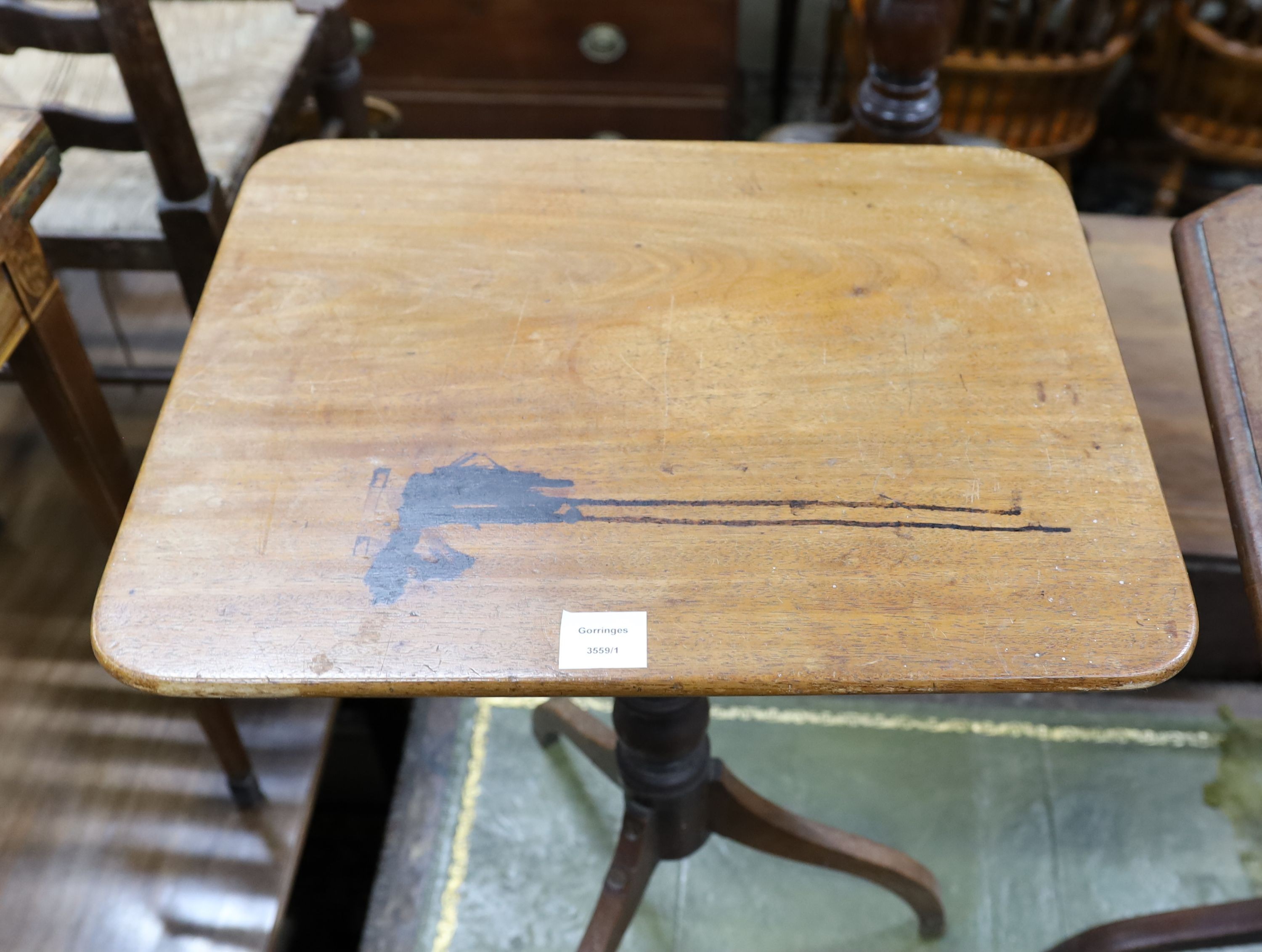 A Victorian rectangular mahogany tilt top wine table, on an inverted triple splay leg base, width 53cm, depth 42cm, height 71cm